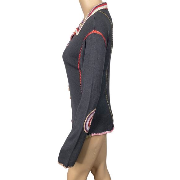 Vtg Y2K Relais Gray Colorful Crochet Stitch Elbow Patch Cardigan SZ M - Picture 6 of 9